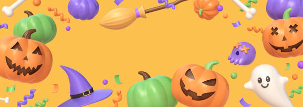Abstract horizontal banner with copy space. Halloween. 3D cartoon style. Festive themed hat for website.Halloween background creative design. Festive poster on an orange background. 3d rendering banner horizontal abstracto con espacio de copia. víspera de todos los santos. estilo de dibujos animados en 3d. sombrero de temática festiva para sitio web. diseño creativo de fondo de halloween. cartel festivo sobre fondo naranja. renderizado 3d