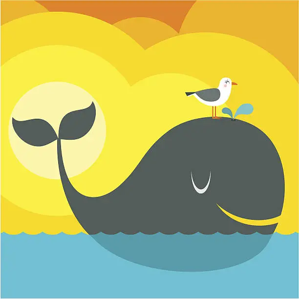 Vector illustration of Summer friends / Whale and seagull