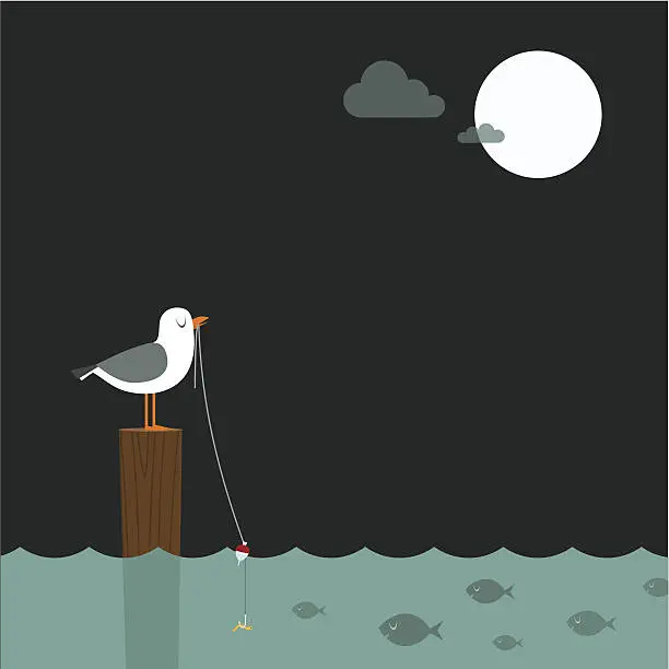 Vector illustration of Fishing under the full moon