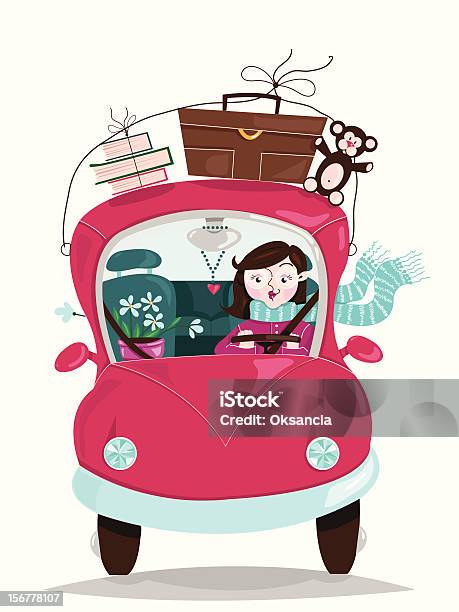 Girl Driving A Car Stock Illustration - Download Image Now - Adult, Bag, Car