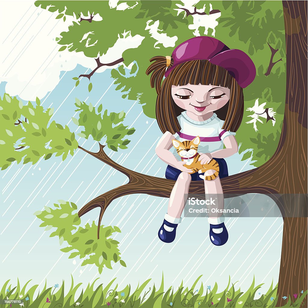 Girl and cat in a tree Vector  illustration of a cute girl and her ginger cat sitting in a tree while hiding from summer rain. A Helping Hand stock vector