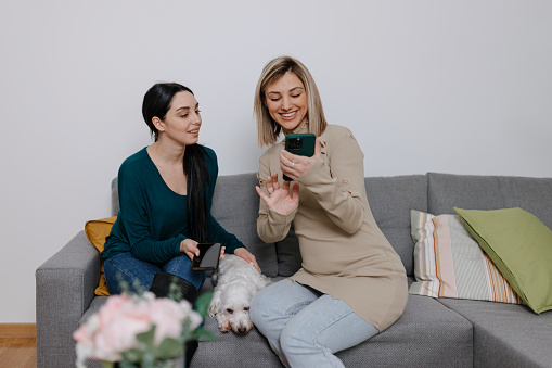 Strengthening their bond, one friend holds the phone while the other joins in, and their small white dog adds to the camaraderie, creating a heartwarming moment of digital bonding on the sofa