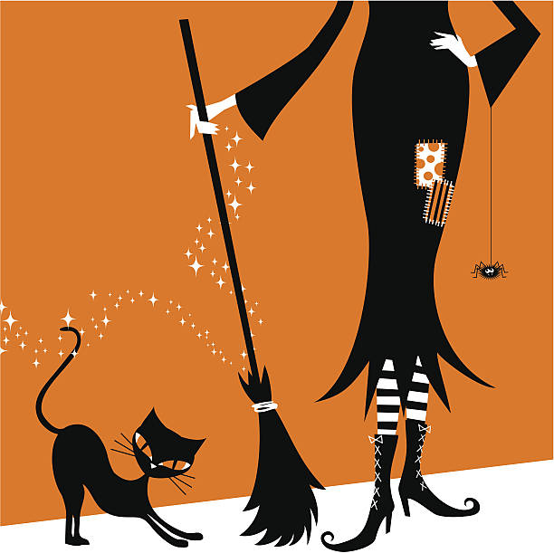 Bruxa de Halloween e gato preto ilustração em vetor vintage retrô - ilustração de arte em vetor