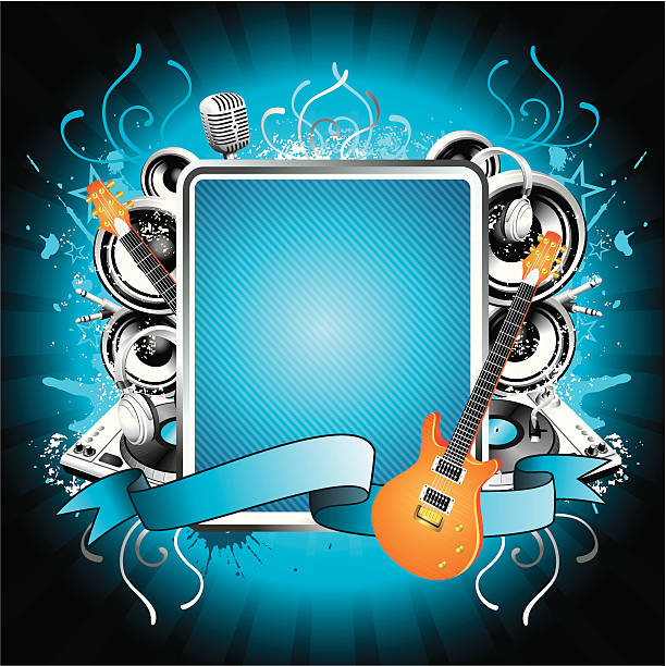 Blue music illustration Music design template with realistic vector illustrations guitar borders stock illustrations