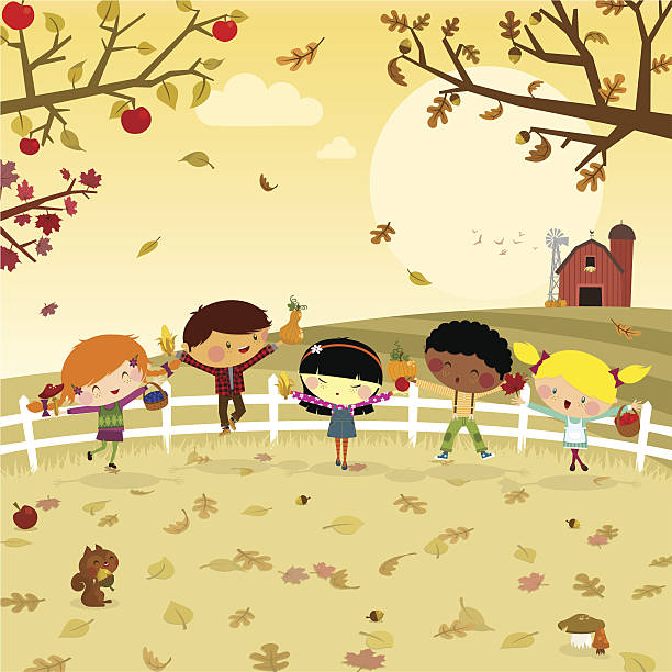 illustrazioni stock, clip art, cartoni animati e icone di tendenza di divertente harvest. bambini autunno autunno illustrazione vettoriale - pumpkin child little girls pumpkin patch