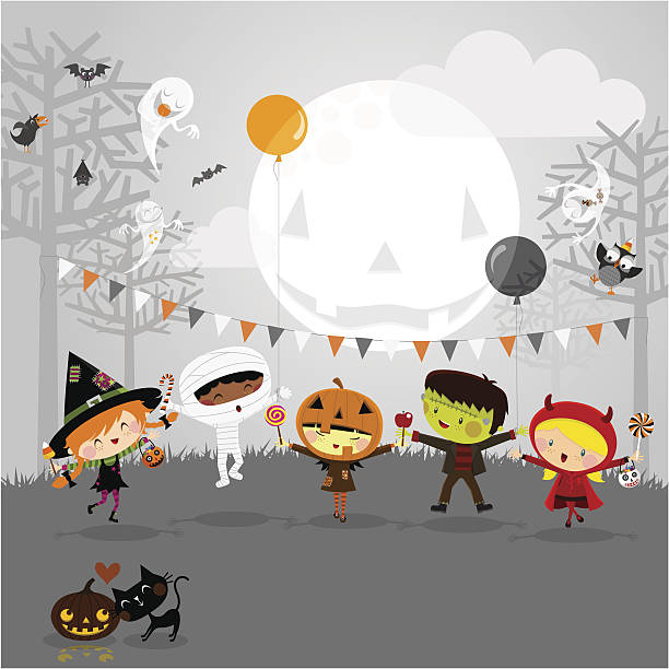halloween-party mit kinder kleidung - child jumping vegetable food stock-grafiken, -clipart, -cartoons und -symbole