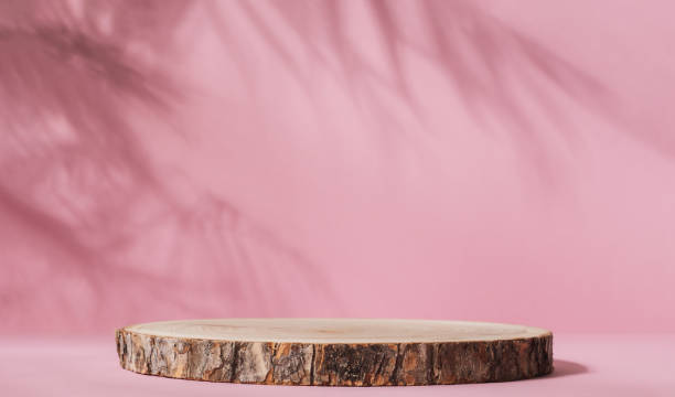 istock Wooden cut podium on pastel pink background with palm tree shadow 1567795941