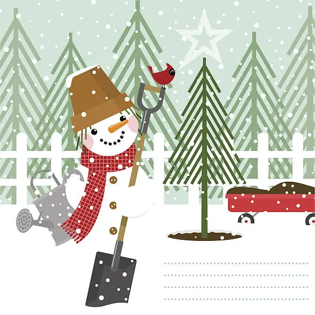 Vector illustration of Gardener snowman potting a christmas tree and cardinal bird