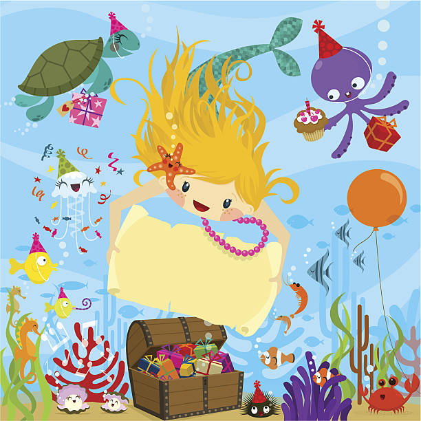 bildbanksillustrationer, clip art samt tecknat material och ikoner med mermaid party. happy birthday.invitation vector illustration - baby swim under water