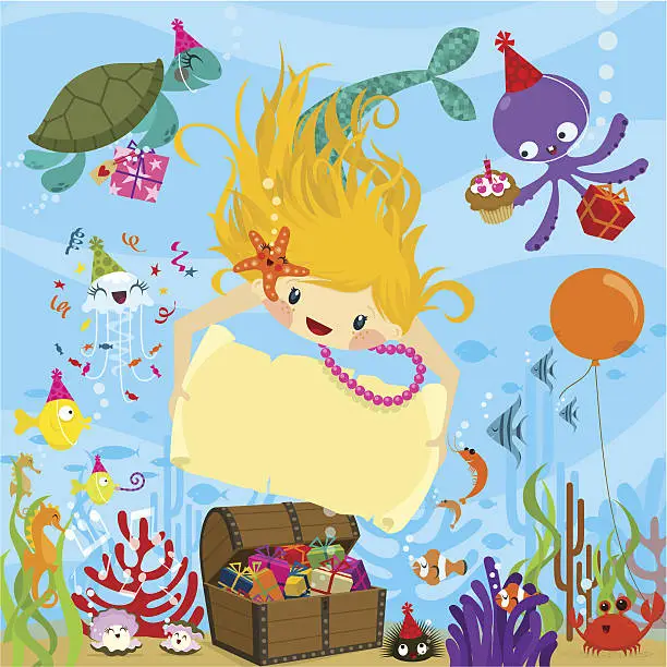 Vector illustration of Mermaid party. Happy birthday.Invitation vector illustration