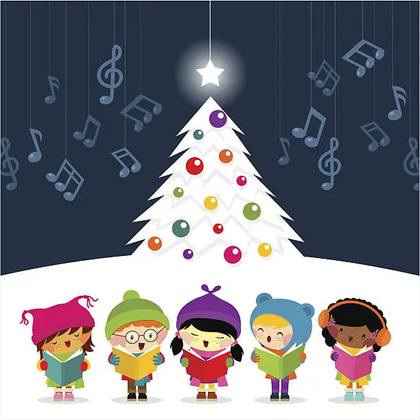 Vector illustration of christmas carolers sing