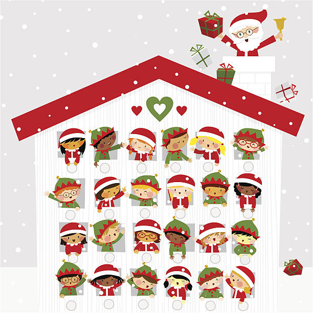 illustrazioni stock, clip art, cartoni animati e icone di tendenza di natale carino bambino elf santaclaus regalo neve di calendario attuale - advent calendar advent christmas childhood