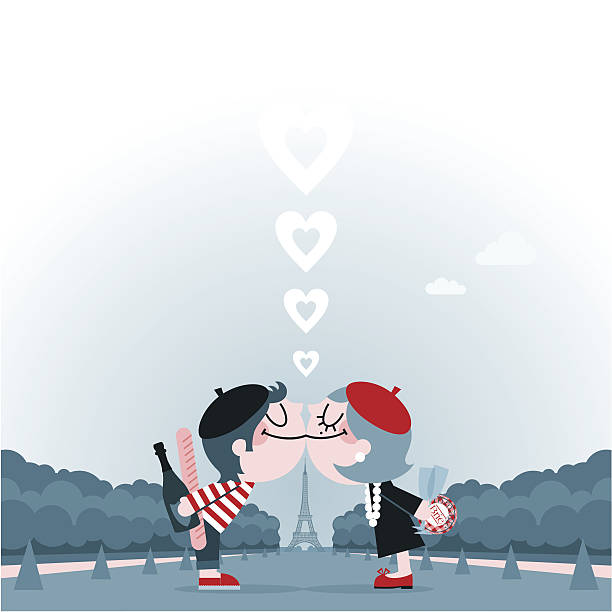 illustrazioni stock, clip art, cartoni animati e icone di tendenza di francese bacio di san valentino amore coppia parigi francia vettoriale di viaggio - paris france heterosexual couple couple french culture