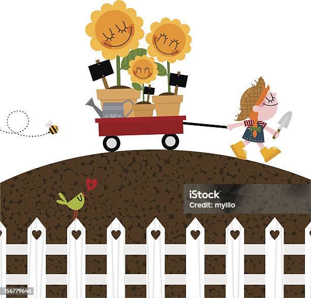 Girl With Wheelbarrow And Sunflowers Gardening Spring Stock Illustration - Download Image Now