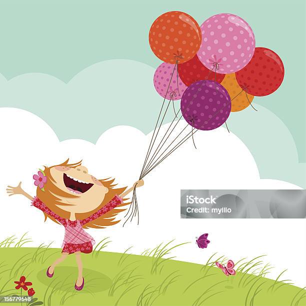 Happy Girl Spring Playful Ballons Wind Cute Myillo Stock Illustration - Download Image Now - Springtime, Child, Baby - Human Age