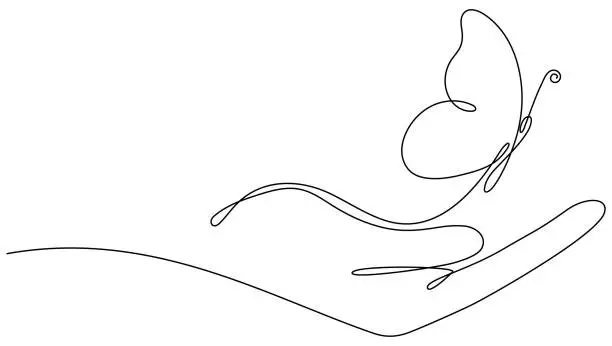 Vector illustration of Flying butterfly in hand continuous one line drawn.