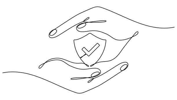 ilustrações de stock, clip art, desenhos animados e ícones de hands hold shield badge with checkmark continuous one line art drawing. - good defense