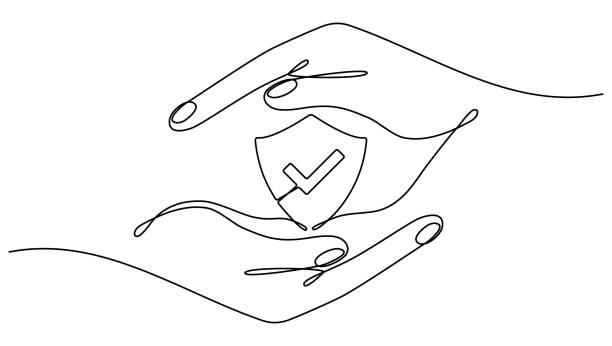 Hands hold shield badge with checkmark continuous one line art drawing. Hands hold shield badge with checkmark continuous one line art drawing. Approval check contour line sign. Vector illustration isolated on white. black family crest stock illustrations