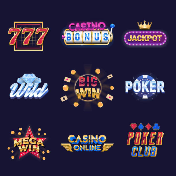 ilustraciones, imágenes clip art, dibujos animados e iconos de stock de conjunto vectorial de signos y logotipos para casino. diseño de gamble, casino, slots. 9 coloridos diseños de logotipos de neón. - artículos de lotería