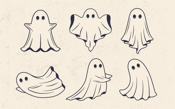 ilustraciones, imágenes clip art, dibujos animados e iconos de stock de conjunto fantasma. iconos de funny ghost. - aparición acontecimiento