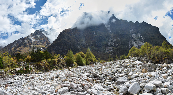 Panoramic view of the Himalayan Mountains on the way to Kangchenjunga base camp, Nepal