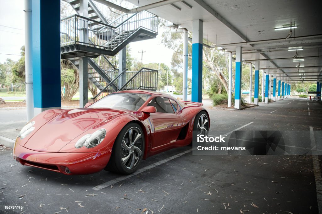 Red Sports Car A red sports car in an undercover parking area. My own sports car design. Very high resolution 3D render. Status Car Stock Photo