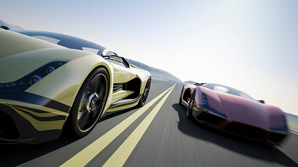 Car Race Two sports car racing on the open road. The cars are designed and modelled by myself. Very high resolution 3D render composite. All markings are ficticious. drag racing stock pictures, royalty-free photos & images