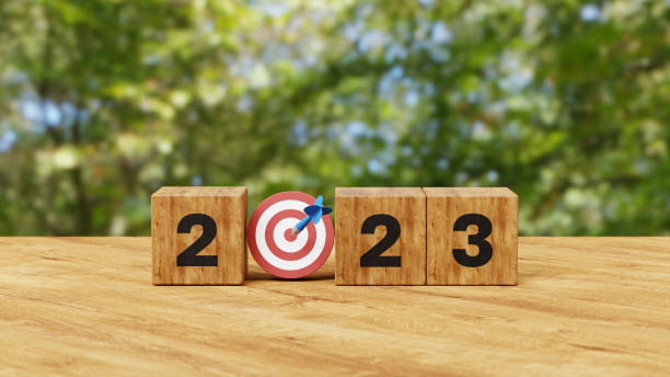 istock 2023 Year wooden block with dart and target icon. Goal, Target, Resolution, strategy, plan, Action, mission, motivation, and New Year start concept. 3d illustration 1567850306