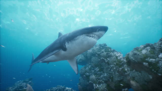 coral reef is seen as a big white shark swims by