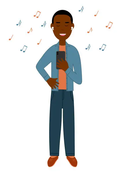Vector illustration of a black guy in wireless headphones holds a smartphone in his hands and listens to music with pleasure