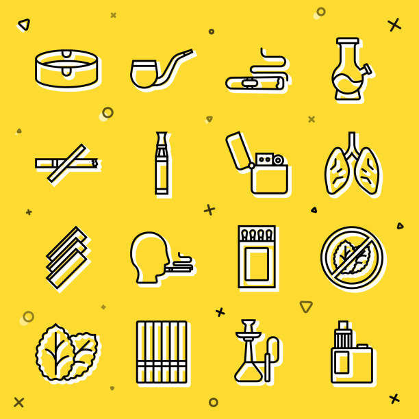 ilustrações de stock, clip art, desenhos animados e ícones de set line vape mod device, no tobacco leaf, lungs, cigar, electronic cigarette, smoking, ashtray and lighter icon. vector - tobacco cigarette tobacco product rolling