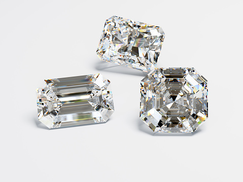 Diamonds of emerald, radiant, asscher cut, close-up view