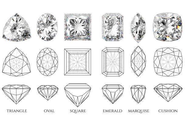 istock Six various barion cut diamonds  with names, diagrams, isolated on white background 1567877186