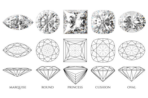 istock Six various brilliant cut diamonds  with names, diagrams, isolated on white background 1567877626