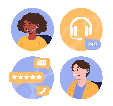 Call center speak concept. Man and woman in headphones with feedback. Answering customer questions, help and support. Consultants and assistants, hot line. Cartoon flat vector illustration