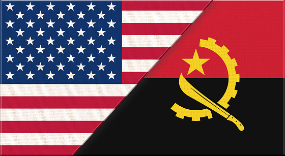 Flags of USA and Angola. Illustration of national symbols USA and Angola. Ukrainian and Amrerican relations. diplomatic relations between two countries