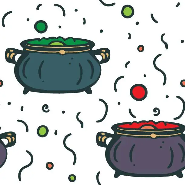 Vector illustration of Immerse yourself in a magical brew with this captivating seamless pattern featuring colorful boiling cauldrons and enchanting bubbles.