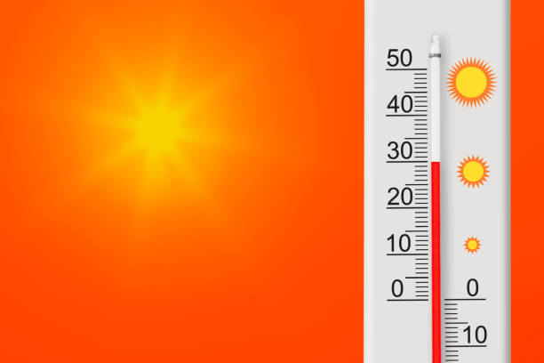 istock Celsius scale thermometer shows plus 30 degrees . Yellow sun in red sky. Summer heat 1567893610