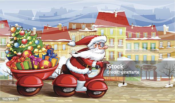 Сантаклаус Носить Рождественские Подарки — стоковая векторная графика и другие изображения на тему Санта Клаус - Санта Клаус, Кататься на велосипеде, Мотоцикл