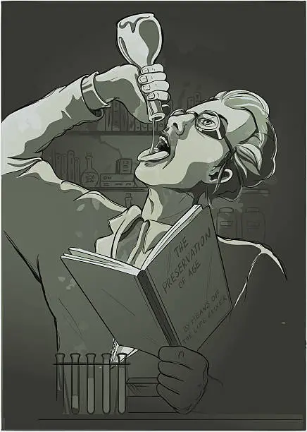Vector illustration of Illustration of a mad Scientist drinking life elixer