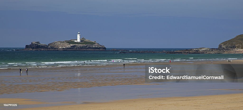 Beach Panorama-Ozean und Leuchtturm am Godrevy, Veranstaltungsraum "Cornwall" - Lizenzfrei Abenteuer Stock-Foto