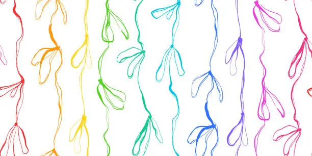 Vector illustration of Playful seamless pattern - bows, ribbons, knots. Imperfect rainbow rope laces. Abstract vector colorful vibrant print. Simple line minimalism.