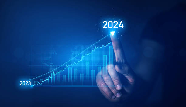 istock Increase business arrow graph corporate future growth year 2023 to 2024. Development to success and motivation. Year 2024 plan, action and goals. 1567925263