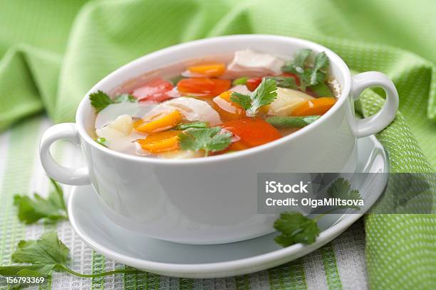 Chicken Soup With Vegetables Stock Photo - Download Image Now - Bell Pepper, Bowl, Carrot