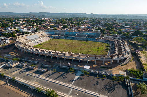 Santarem, Para, Brazil - July 22, 2023: Aerial view of Colosso do Tapajós soccer stadium, currently under renovation and expansion, in Santarem city, captured by drone