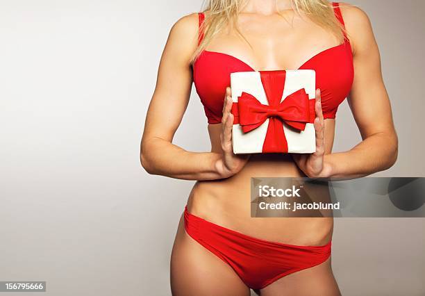 Mulher Em Roupa Interior Segurando Um Presente De Natal - Fotografias de stock e mais imagens de Mulher sedutora