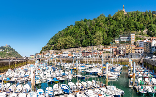 San Sebastian dock port harbor and monte Urgull Donostia in Gipuzkoa, Guipuzcoa at Basque Country of Spain, Euskadi