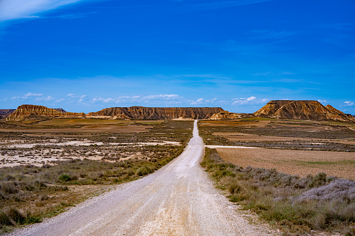 Las Bardenas Reales desert mountains arid landscape in Navarra Navarre of Spain