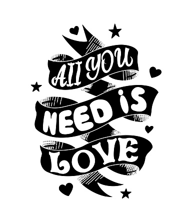 All You Need is Love, Ribbon Lettering. Doodle Vector illustration.
