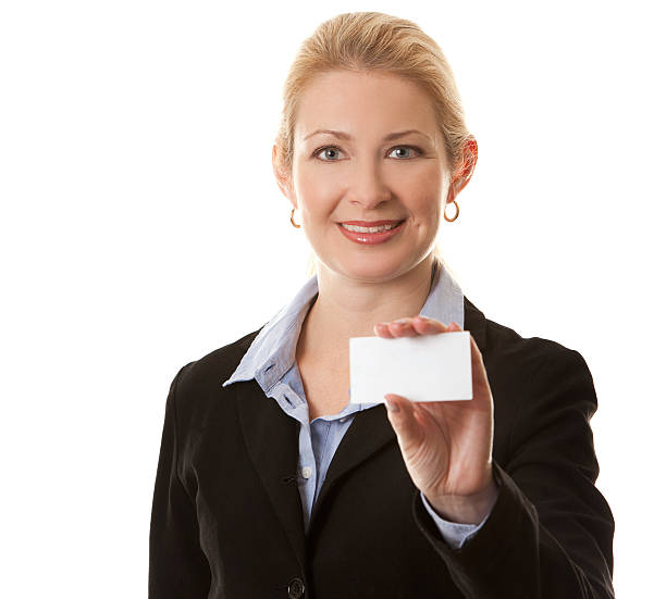 mujer de negocios - invitation blank smiling business card fotografías e imágenes de stock